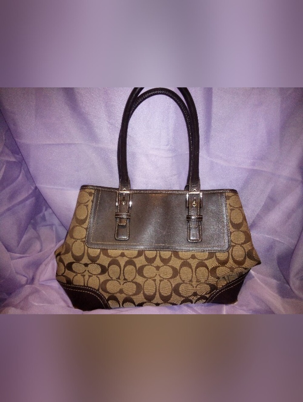 Coach Brown Signature Canvas Tote with Dark Brown Leather Trim